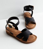 New Look Wide Fit Black Leather-Look Cross Strap Footbed Sandals